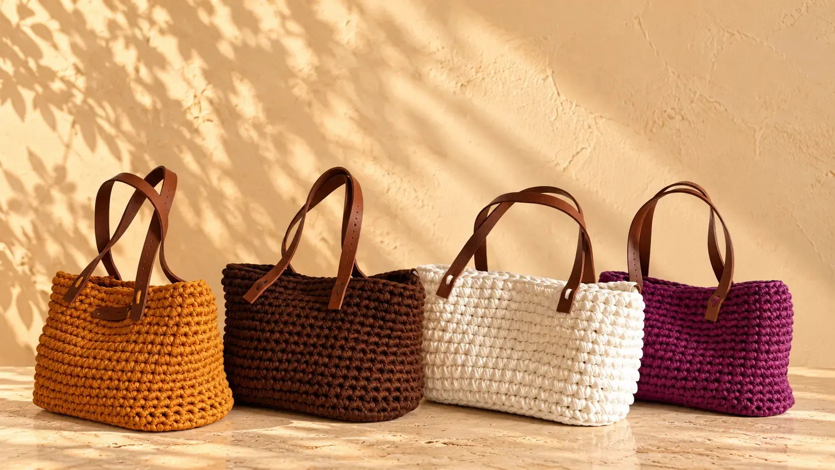 Quatre sacs Lola en crochet alignés : citrouille, chocolat, coton et cassis